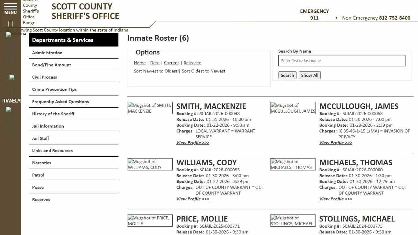 Inmate Roster - Released Inmates Booking Date Descending - Scott County Sheriff - Scottsburg, IN